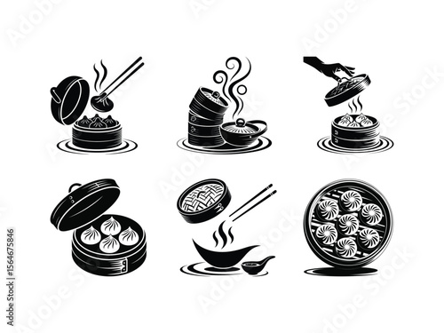 Steaming dumplings in bamboo steamers with chopsticks and dipping sauce vector