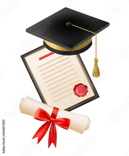 3d Graduation diploma scroll with graduate hat.