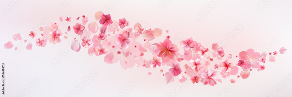 Fototapeta premium Delicate light pink sakura flowers flow. Wind swirls