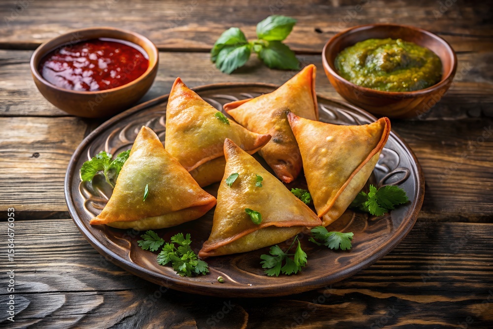 Four golden brown samosas are arranged on a rustic plate with vibrant green and red sauces Four golden brown samosas are arranged on a rustic plate with vibrant green and red sauces