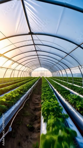 Interior view of a greenhouse with rows of hydroponically grown plants, covered by a plastic arched structure, under a clear sky, sustainable agriculture