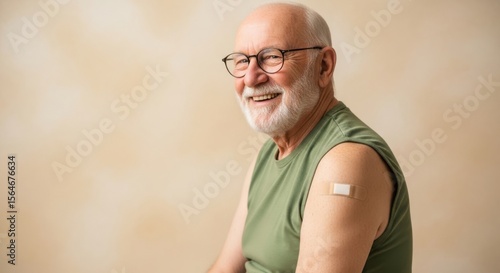 Elderly man with vaccination bandage on his arm smiling