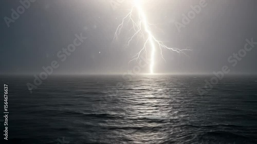Surface of the ocean illuminated by a series of lightning bolts  
