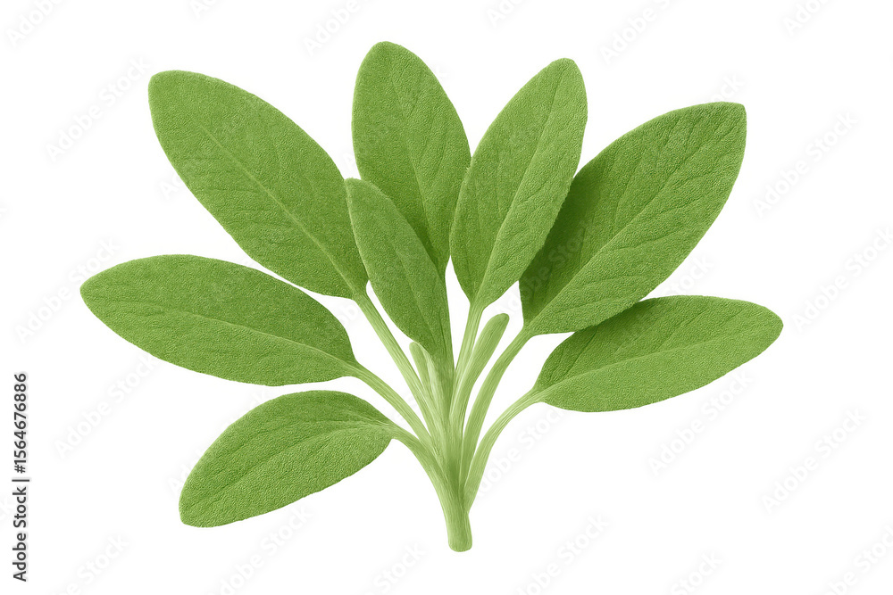Green sage leaves on transparent background, showing texture and stem, ideal for food and beverage projects Green sage leaves on transparent background, showing texture and stem, ideal for food and beverage projects