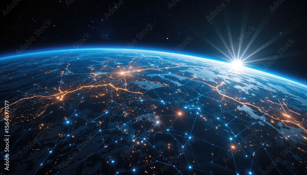 Earth network glowing lights sunrise space Earth network glowing lights sunrise space