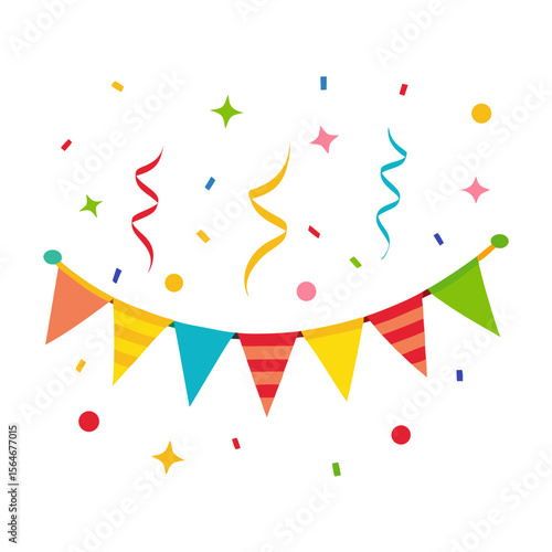 Colorful party bunting flags and confetti creating a festive celebration atmosphere