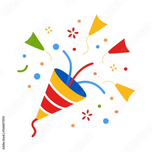 Colorful party popper exploding with confetti and streamers on white background