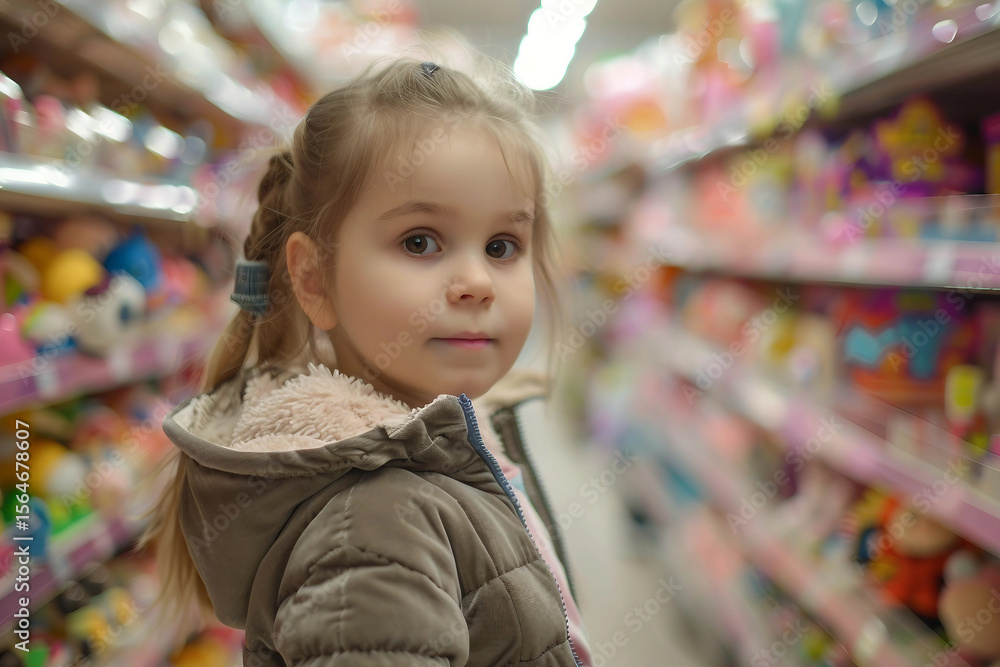 Generative AI image of a cheerful child enjoying a visit to a colorful toy store Generative AI image of a cheerful child enjoying a visit to a colorful toy store
