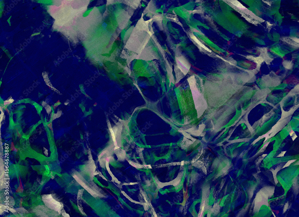 Naklejka premium Grunge noisy grainy deep abstract background with colorful textured shapes in blue, green, gray. Trendy edgy design for music, digital art, posters