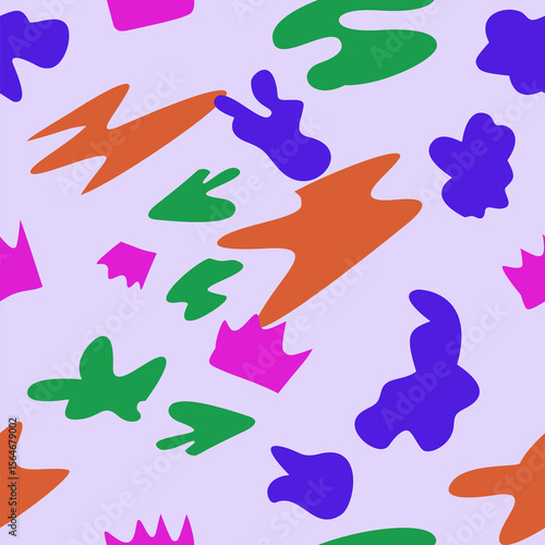 Colorful abstract seamless pattern of shapes, ideal for backgrounds, print designs, and digital art projects needing a vibrant and dynamic aesthetic.