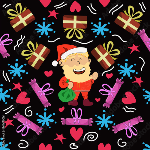 seamless pattern of Cheerful Santa illustration with gifts, hearts, and stars. Perfect for holiday cards, gift wrap, and festive social media posts.