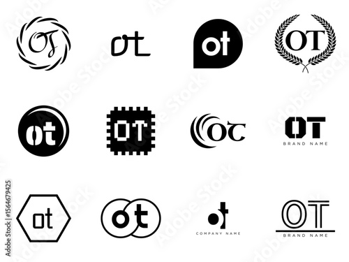OT logo company template. Letter o and t logotype. Set different classic serif lettering and modern bold text with design elements. Initial font typography.
