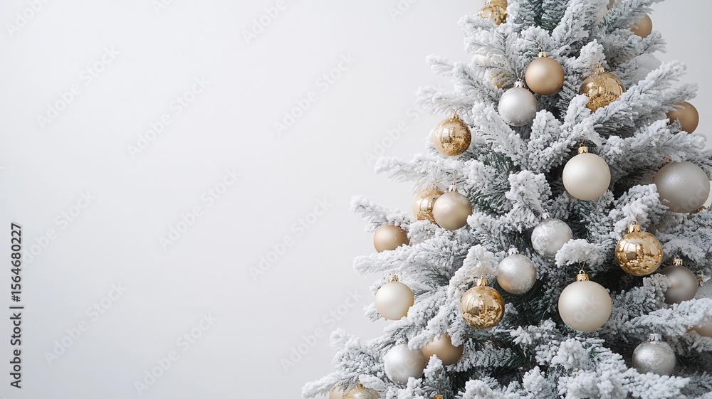 Fototapeta premium Christmas tree decorated with golden and silver baubles on a white background, perfect for holiday projects