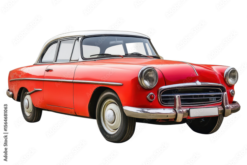 Fototapeta premium Classic red car parked in a studio with a transparent background showcasing its vintage design and smooth curves