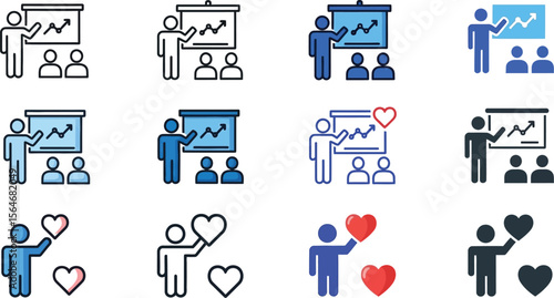 A set of business presentation icons showing a person presenting to a group and holding hearts icons too