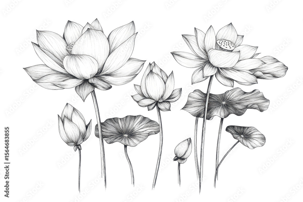 Obraz premium Modern etching of elegant lotus flowers showcasing intricate details and natural beauty in a minimalist design