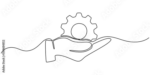 resource icon hand with gear continuous one line drawing, Premium Service Single Line Icon, Continuous Line Drawing of Engineering Icon. Hand Drawn Symbol Vector Illustration.