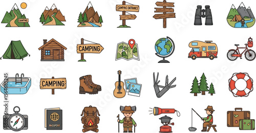 A collection of camping and outdoor themed icons arranged in a grid on a white background