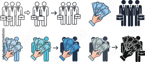 A diagram showing the evolution of a business team from outline to solid with money being exchanged hands