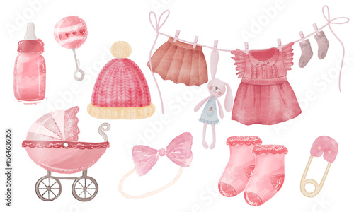 A charming collection of hand-painted watercolor baby girl clipart in soft pink tones. Delivered as a high-resolution PNG with transparent background for easy use.