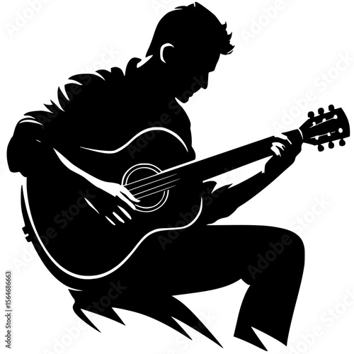 a black  silhouette illustration of a male guitarist passionately playing an acoustic guitar.
