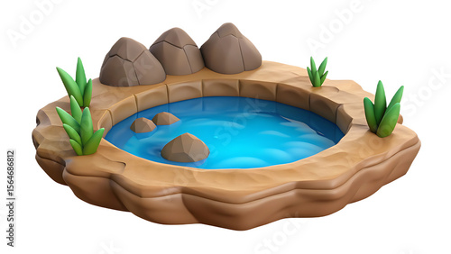 Isolated cartoon pond with rocks and grass 3d rendering nature scene for game asset or background design