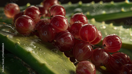 Close-up of Fresh Red Currants on Aloe Vera
