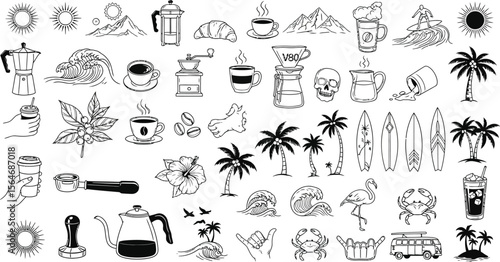 A collection of black and white line art illustrations featuring coffee and beach themed elements