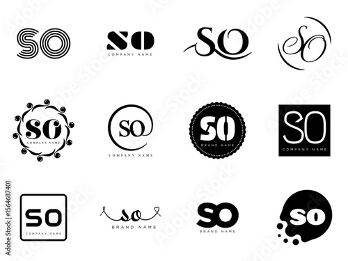 SO logo company template. Letter s and o logotype. Set different classic serif lettering and modern bold text with design elements. Initial font typography.