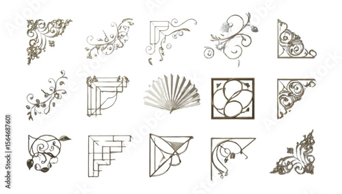 Collection of decorative metal corner ornaments and flourishes for design