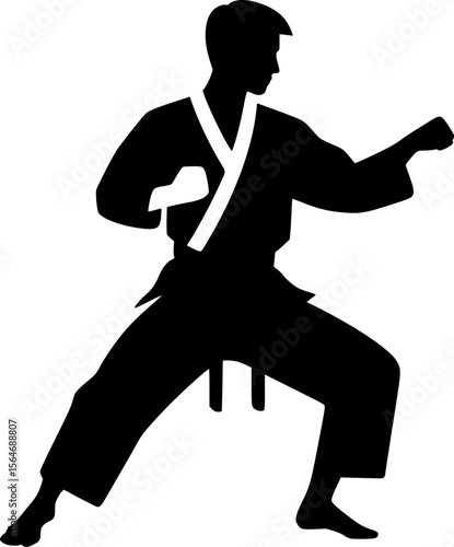 Minimalist black vector of a person practicing karate stance
