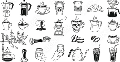 A collection of hand drawn coffee related items including cups beans and brewing equipment in black and white