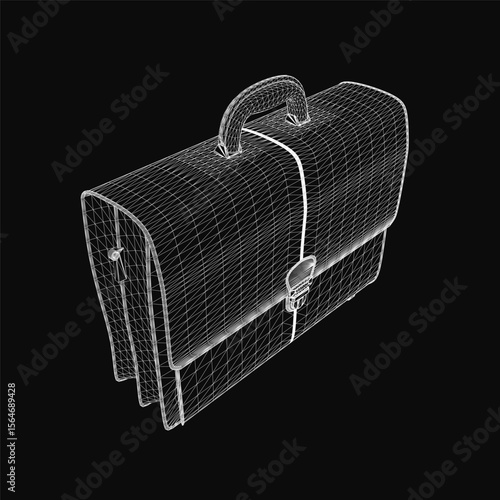 A 3D wireframe briefcase model stands out against a sleek black background, showcasing realistic details and professional design. The suitcase features clean lines, a structured form.