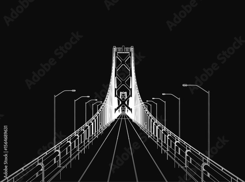 Golden Gate Bridge stands illuminated by street lights in a striking black and white illustration. The iconic San Francisco landmark contrasts sharply against the dark background.