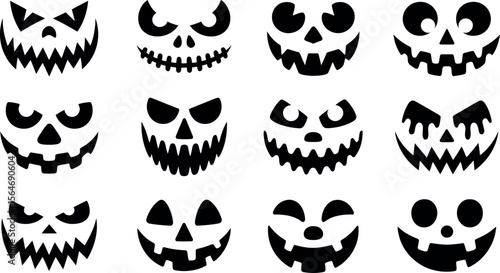 Collection of twelve spooky and happy halloween pumpkin face silhouettes