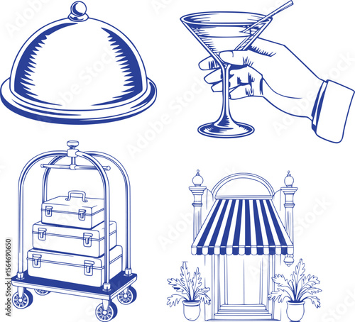 Elegant Hotel Service Line Art Depicting Room Service, Cocktails, Luggage, and a Chic Entrance with Stylish Blue Accents