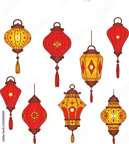 Collection of colorful traditional chinese lanterns with intricate patterns and tassels isolated on white background