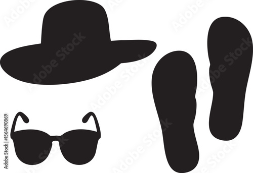 Black silhouette of a wide brim sun hat sunglasses and flip flop sandals on a white background