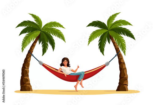 Young woman relaxing in hammock between palm trees on sandy beach  