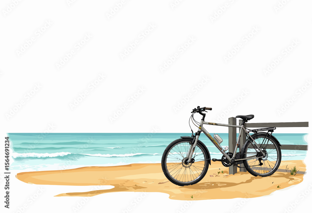 Fototapeta premium Bicycle parked on sandy beach by ocean under clear blue sky 
