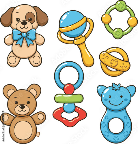 Collection of cute cartoon baby toys including a plush dog teddy bear and various rattles