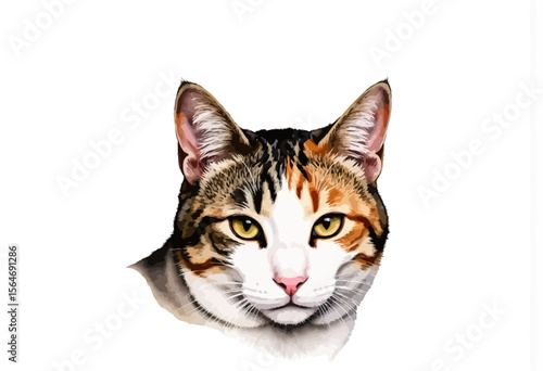 Tabby cat head with green eyes on a white background  