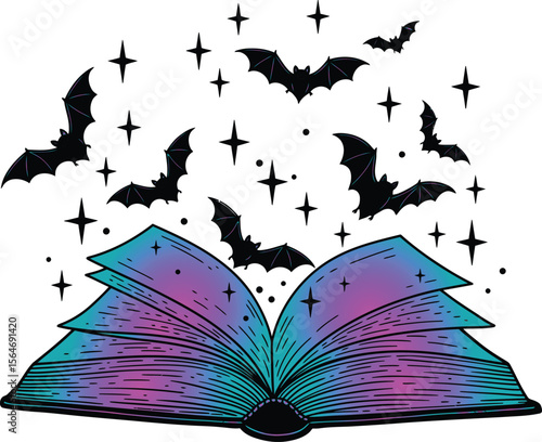 Magic spellbook with flying bats and stars. Mystical vector illustration for Halloween, witchcraft, or fantasy stories.
