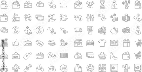 A collection of outline icons representing finance, shopping, and general commerce elements displayed