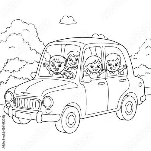 Cartoon-style line art of four cheerful children riding in a car along a tree-lined road under a cloudy sky.