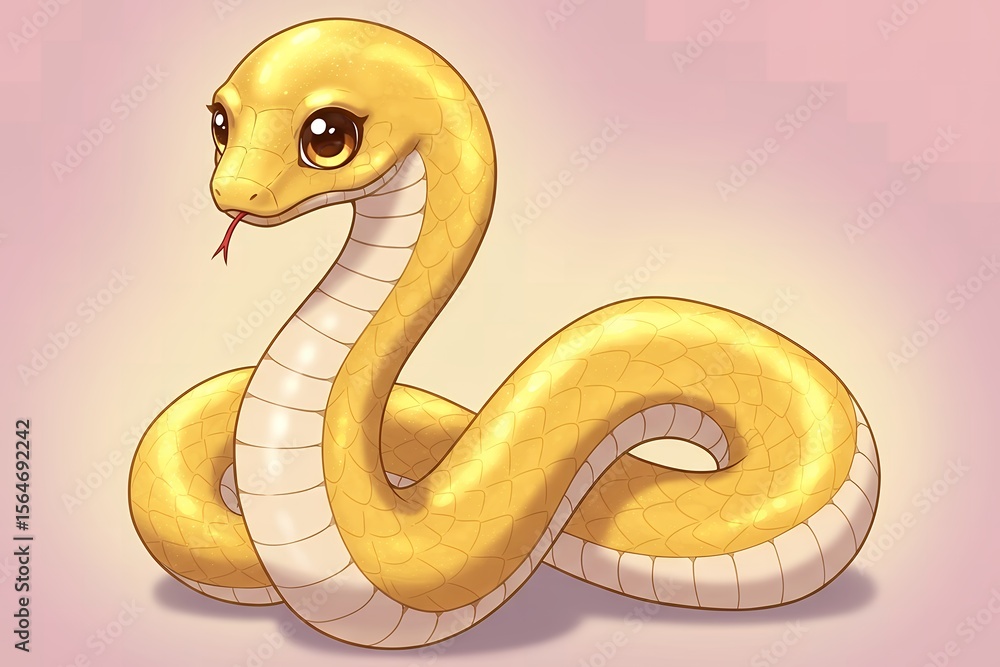 Fototapeta premium 瞳と優しい表情が、神秘的で心和む金色のヘビのイラスト。
