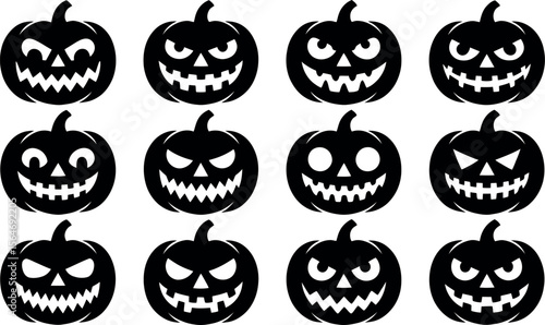 Collection of twelve distinct black halloween pumpkin jack o lantern faces silhouette