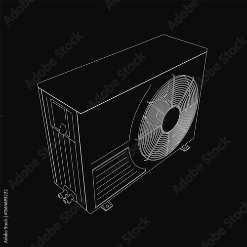Black and white line drawing of an air conditioner with clean contours and technical details. The illustration features precise shading and a sleek design on a solid black background.