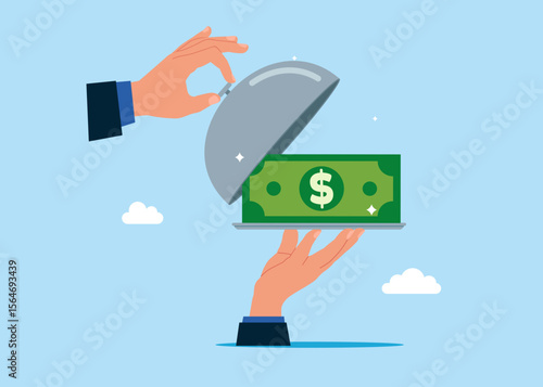 Open silver cloche to see dollar banknote . Savings, Collecting Money in Account, Open Bank Deposit. World economic vision for business, technology, investment. Flat vector illustration