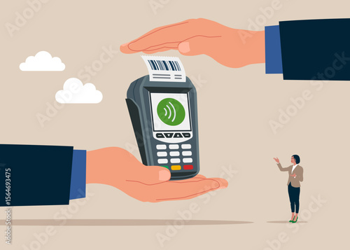 Social responsibility or integrity to earn trust. Hand holds POS point of sale terminal for credit card payment. 24-7 support service,  working hours. Family Finance Budget Economy Concept. Vector